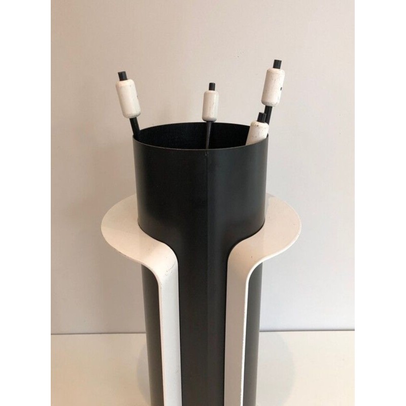 Black and White Lacquered Modernist Fireplace Companion Set with Cylindrical Stand. France. Circa 1980.