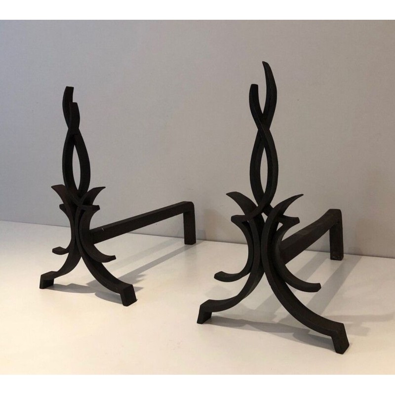 Pair of Wrought Iron Andirons with Foliate and Flame Decoration by Raymond Subes. France. Circa 1940.
