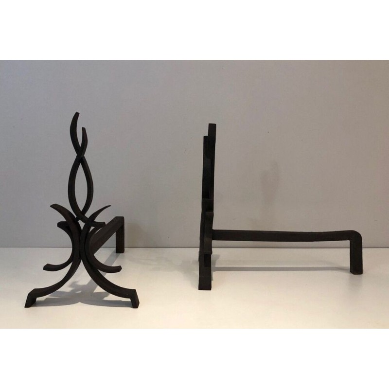 Pair of Wrought Iron Andirons with Foliate and Flame Decoration by Raymond Subes. France. Circa 1940.