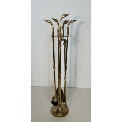 Brass Fireplace Companion Set with Angled Duck-Head Handles on Stand. In the Style of Maison Jansen. France. Circa 1970.