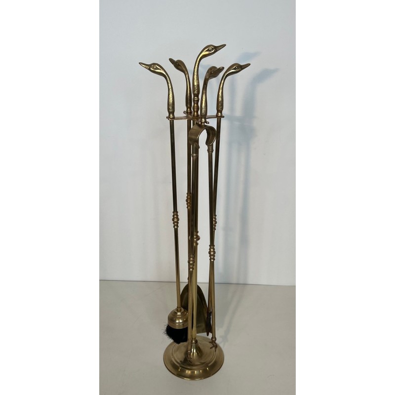 Brass Fireplace Companion Set with Angled Duck-Head Handles on Stand. In the Style of Maison Jansen. France. Circa 1970.