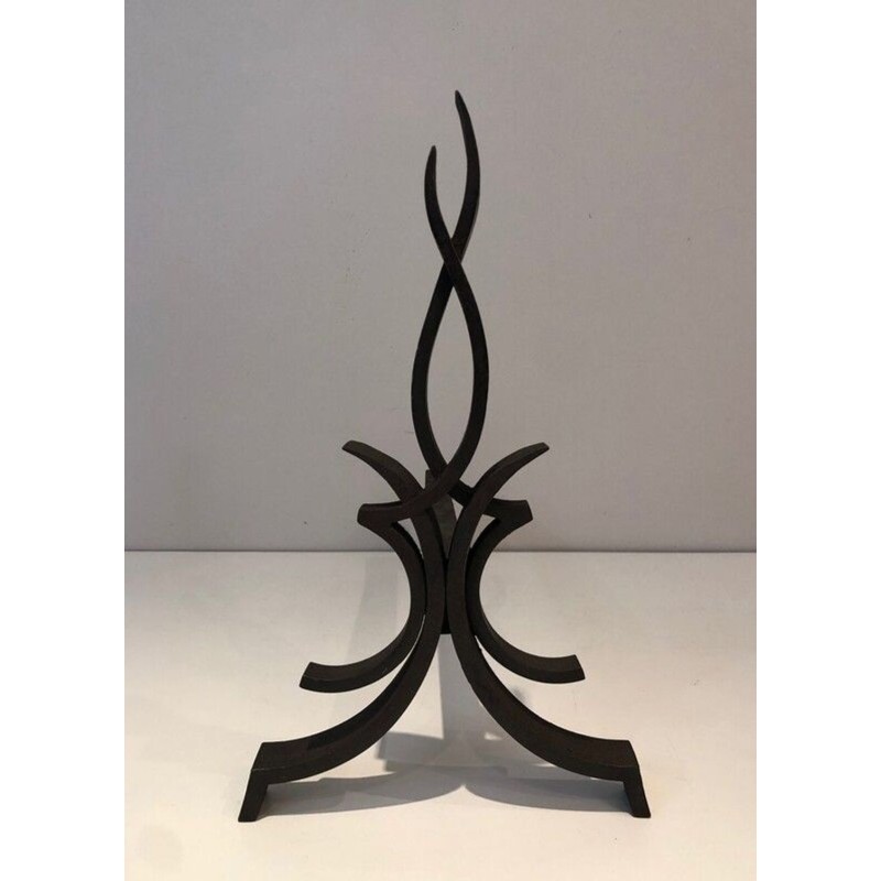 Pair of Wrought Iron Andirons with Foliate and Flame Decoration by Raymond Subes. France. Circa 1940.