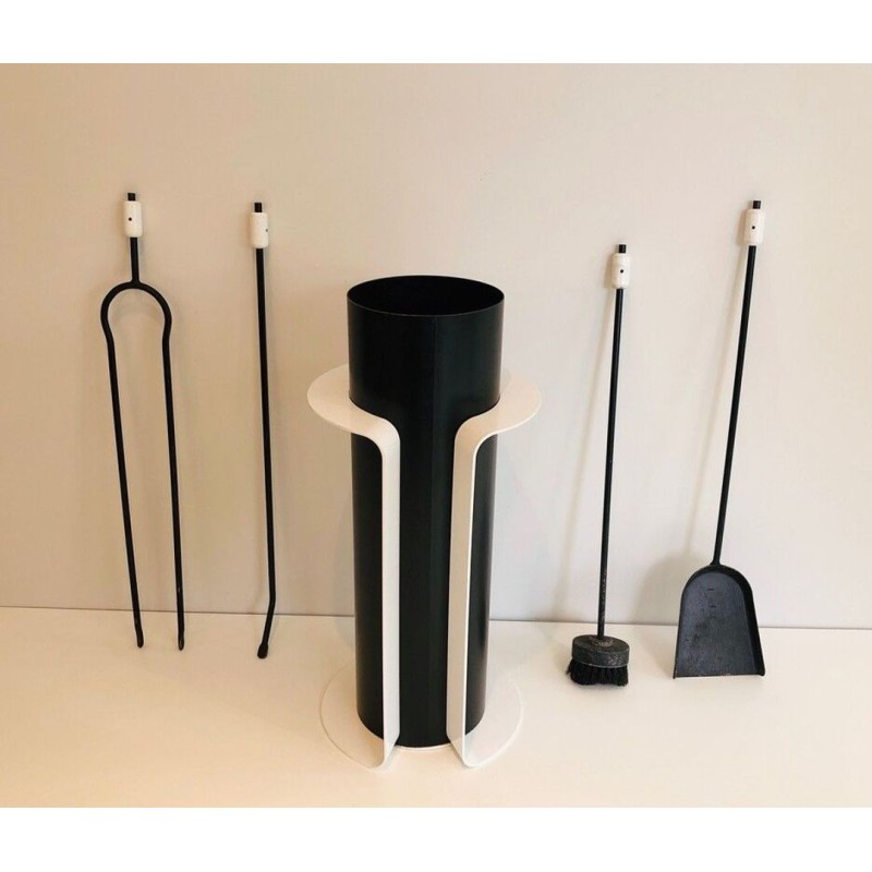 Black and White Lacquered Modernist Fireplace Companion Set with Cylindrical Stand. France. Circa 1980.