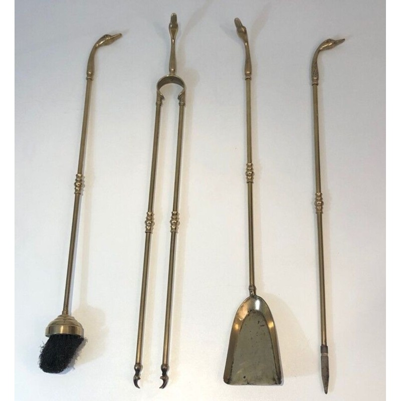 Brass Fireplace Companion Set with Angled Duck-Head Handles on Stand. In the Style of Maison Jansen. France. Circa 1970.