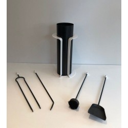 Black and White Lacquered Modernist Fireplace Companion Set with Cylindrical Stand. France. Circa 1980.