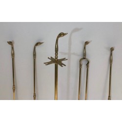 Brass Fireplace Companion Set with Angled Duck-Head Handles on Stand. In the Style of Maison Jansen. France. Circa 1970.