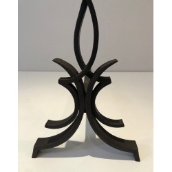 Pair of Wrought Iron Andirons with Foliate and Flame Decoration by Raymond Subes. France. Circa 1940.