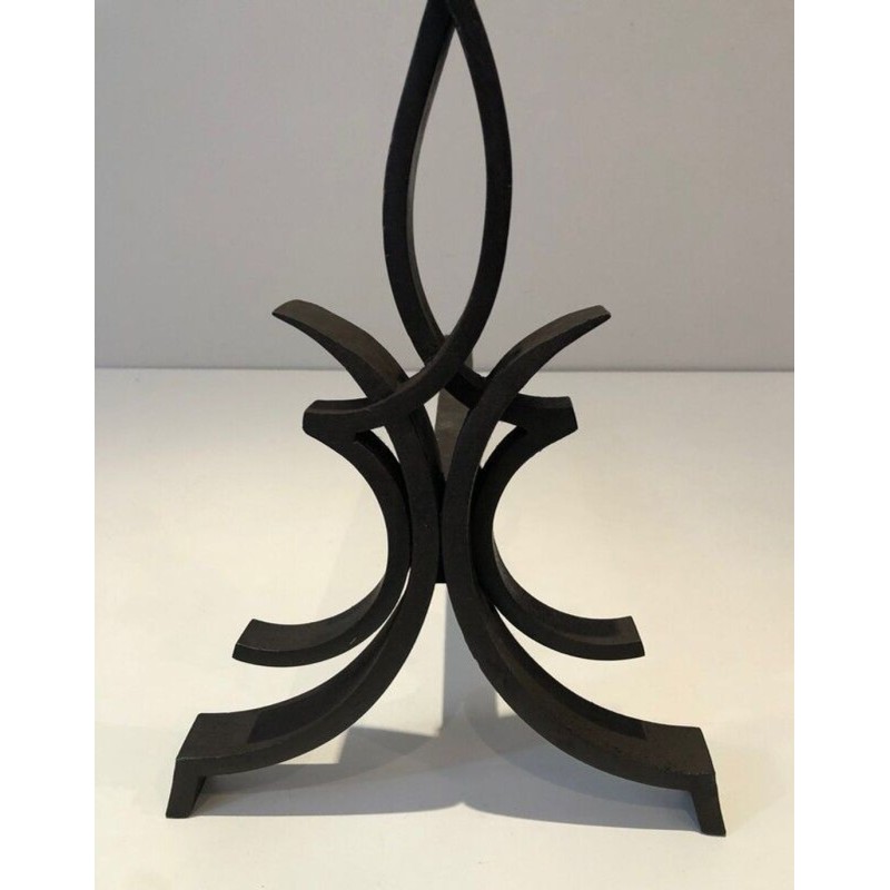Pair of Wrought Iron Andirons with Foliate and Flame Decoration by Raymond Subes. France. Circa 1940.