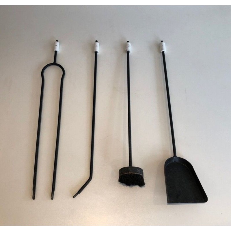 Black and White Lacquered Modernist Fireplace Companion Set with Cylindrical Stand. France. Circa 1980.