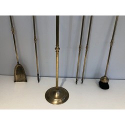 Brass Fireplace Companion Set with Angled Duck-Head Handles on Stand. In the Style of Maison Jansen. France. Circa 1970.