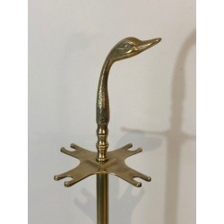 Brass Fireplace Companion Set with Angled Duck-Head Handles on Stand. In the Style of Maison Jansen. France. Circa 1970.