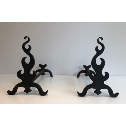 Pair of Cast Iron and Wrought Iron Andirons with Flame Decoration. France. Circa 1940.