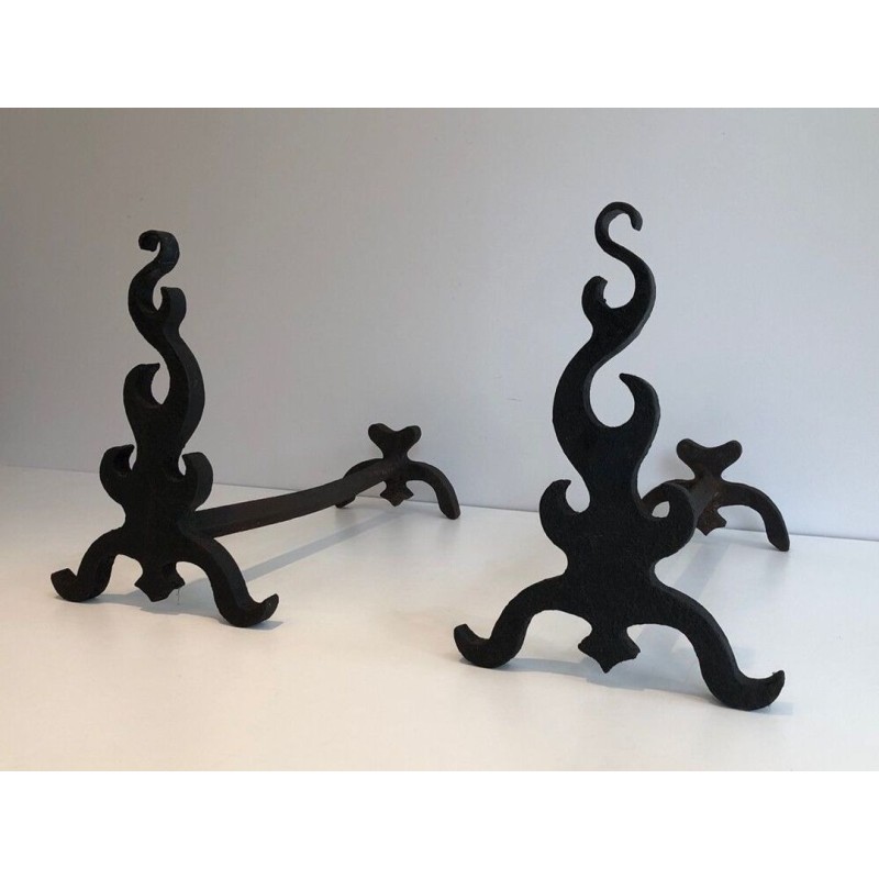 Pair of Cast Iron and Wrought Iron Andirons with Flame Decoration. France. Circa 1940.