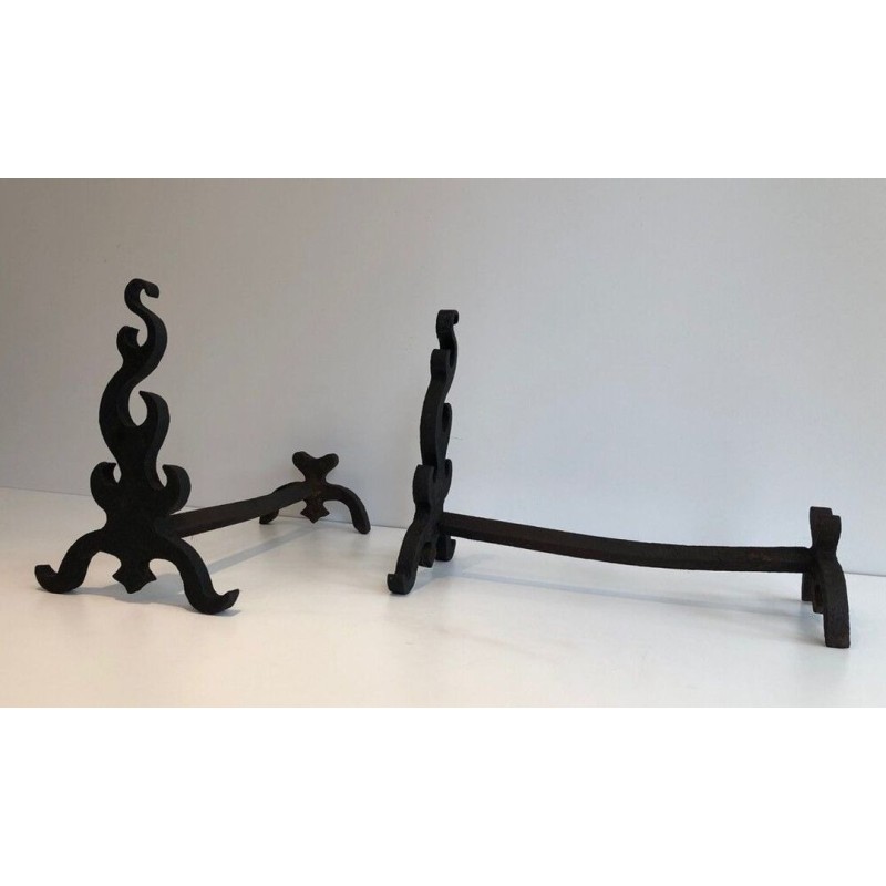 Pair of Cast Iron and Wrought Iron Andirons with Flame Decoration. France. Circa 1940.