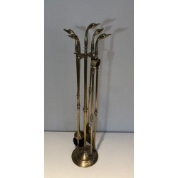 Brass Fireplace Companion Set with Angled Duck-Head Handles on Stand. In the Style of Maison Jansen. France. Circa 1970.