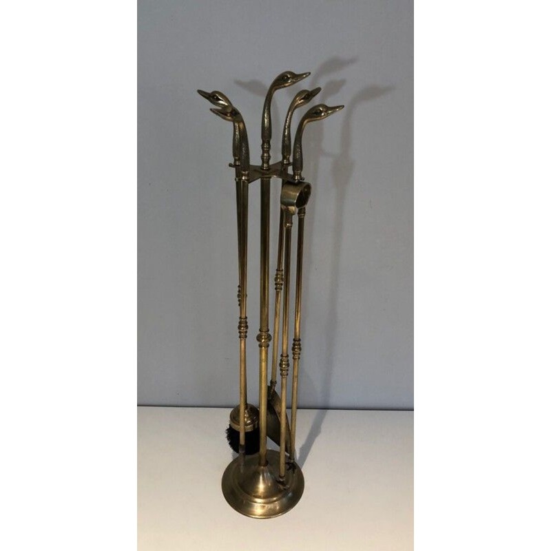 Brass Fireplace Companion Set with Angled Duck-Head Handles on Stand. In the Style of Maison Jansen. France. Circa 1970.
