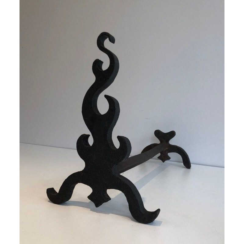 Pair of Cast Iron and Wrought Iron Andirons with Flame Decoration. France. Circa 1940.