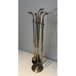 Brass Fireplace Companion Set with Angled Duck-Head Handles on Stand. In the Style of Maison Jansen. France. Circa 1970.