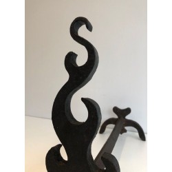 Pair of Cast Iron and Wrought Iron Andirons with Flame Decoration. France. Circa 1940.