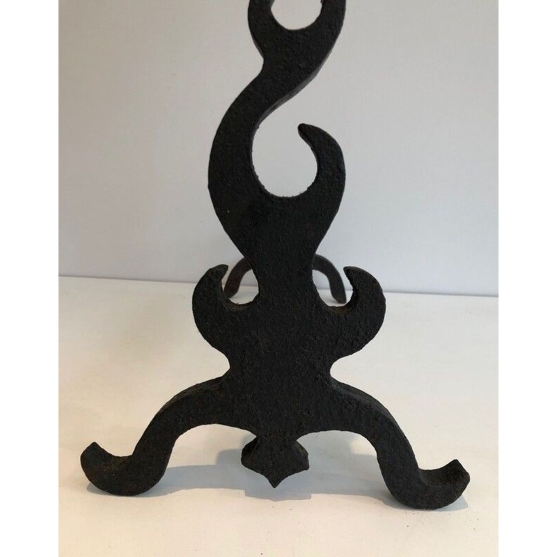 Pair of Cast Iron and Wrought Iron Andirons with Flame Decoration. France. Circa 1940.