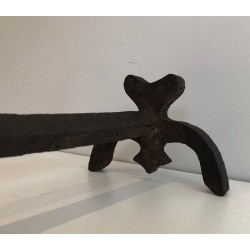 Pair of Cast Iron and Wrought Iron Andirons with Flame Decoration. France. Circa 1940.