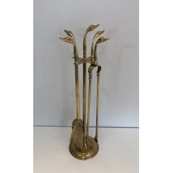 Brass Fireplace Companion Set with Duck-Head Handles on Stand. In the Style of Maison Jansen. France. Circa 1960.