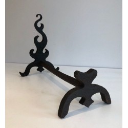 Pair of Cast Iron and Wrought Iron Andirons with Flame Decoration. France. Circa 1940.