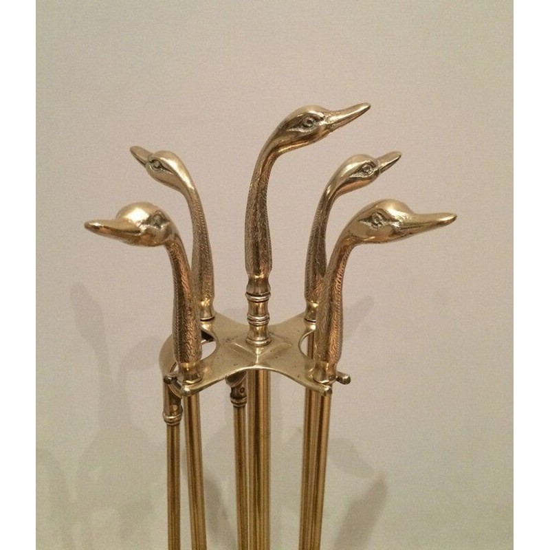 Brass Fireplace Companion Set with Duck-Head Handles on Stand. In the Style of Maison Jansen. France. Circa 1960.