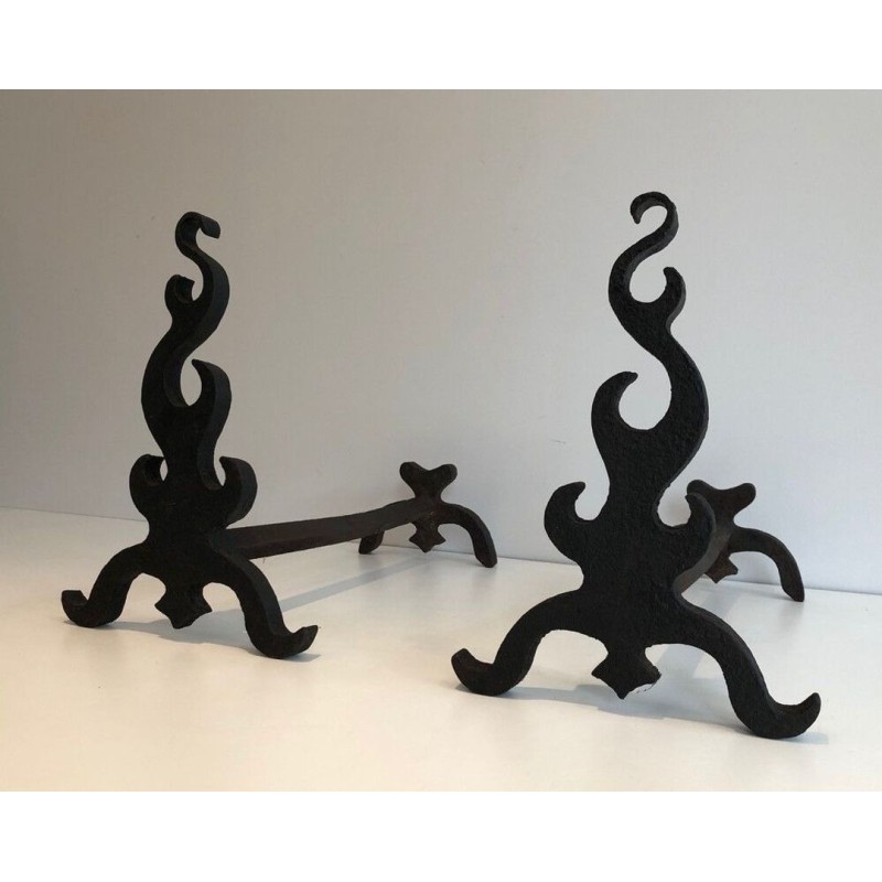 Pair of Cast Iron and Wrought Iron Andirons with Flame Decoration. France. Circa 1940.