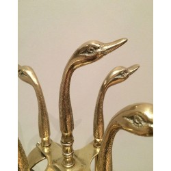 Brass Fireplace Companion Set with Duck-Head Handles on Stand. In the Style of Maison Jansen. France. Circa 1960.