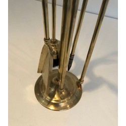 Brass Fireplace Companion Set with Duck-Head Handles on Stand. In the Style of Maison Jansen. France. Circa 1960.