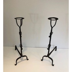 Pair of Tall Wrought Iron Landiers with Cup Finials. France. 17th Century.