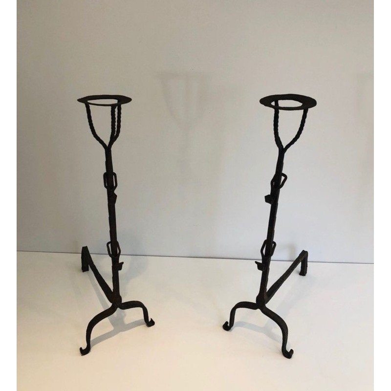 Pair of Tall Wrought Iron Landiers with Cup Finials. France. 17th Century.