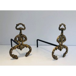 Pair of Neoclassical Bronze and Wrought Iron Andirons with Lion Mascarons. France. Circa 1940.