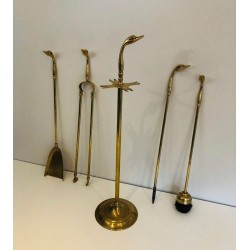 Brass Fireplace Companion Set with Duck-Head Handles on Stand. In the Style of Maison Jansen. France. Circa 1960.