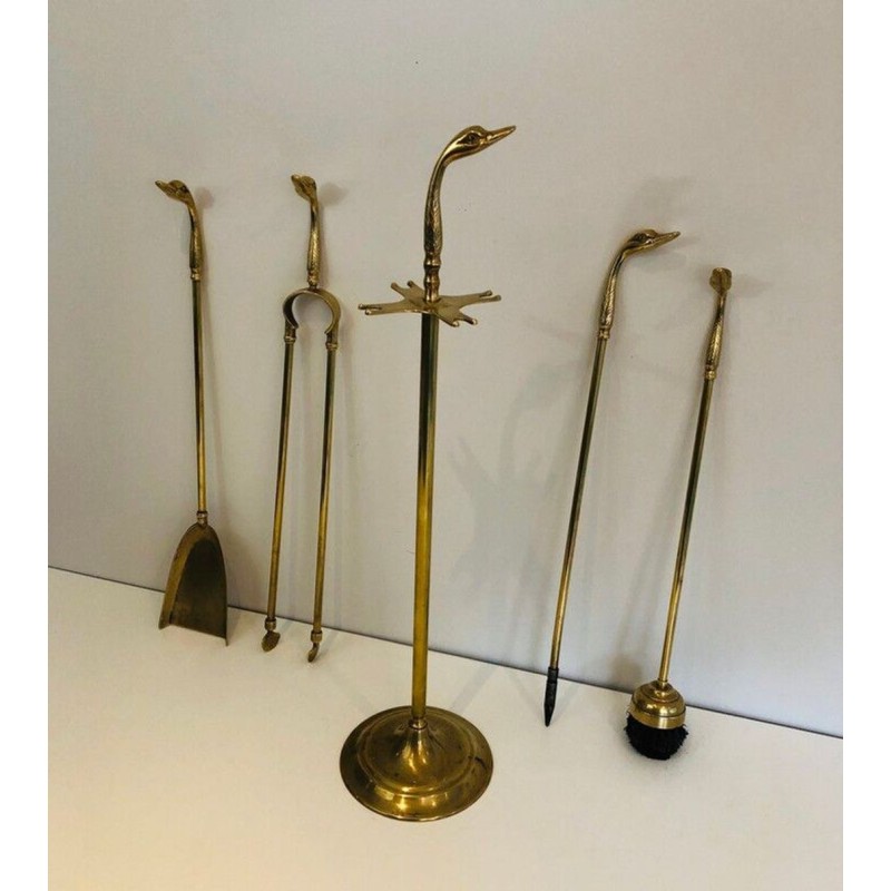 Brass Fireplace Companion Set with Duck-Head Handles on Stand. In the Style of Maison Jansen. France. Circa 1960.