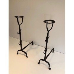 Pair of Tall Wrought Iron Landiers with Cup Finials. France. 17th Century.