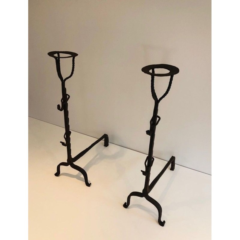 Pair of Tall Wrought Iron Landiers with Cup Finials. France. 17th Century.
