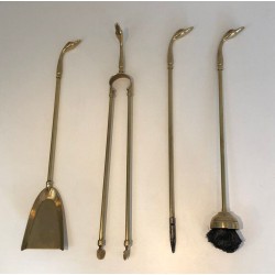 Brass Fireplace Companion Set with Duck-Head Handles on Stand. In the Style of Maison Jansen. France. Circa 1960.