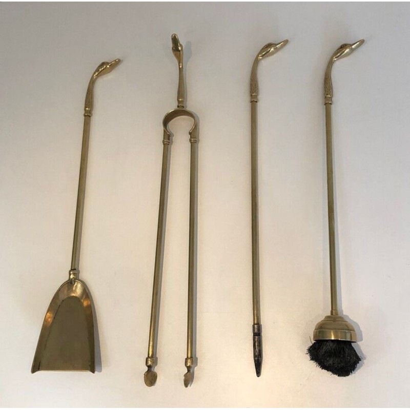 Brass Fireplace Companion Set with Duck-Head Handles on Stand. In the Style of Maison Jansen. France. Circa 1960.