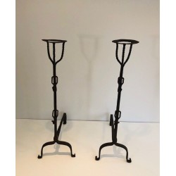 Pair of Tall Wrought Iron Landiers with Cup Finials. France. 17th Century.