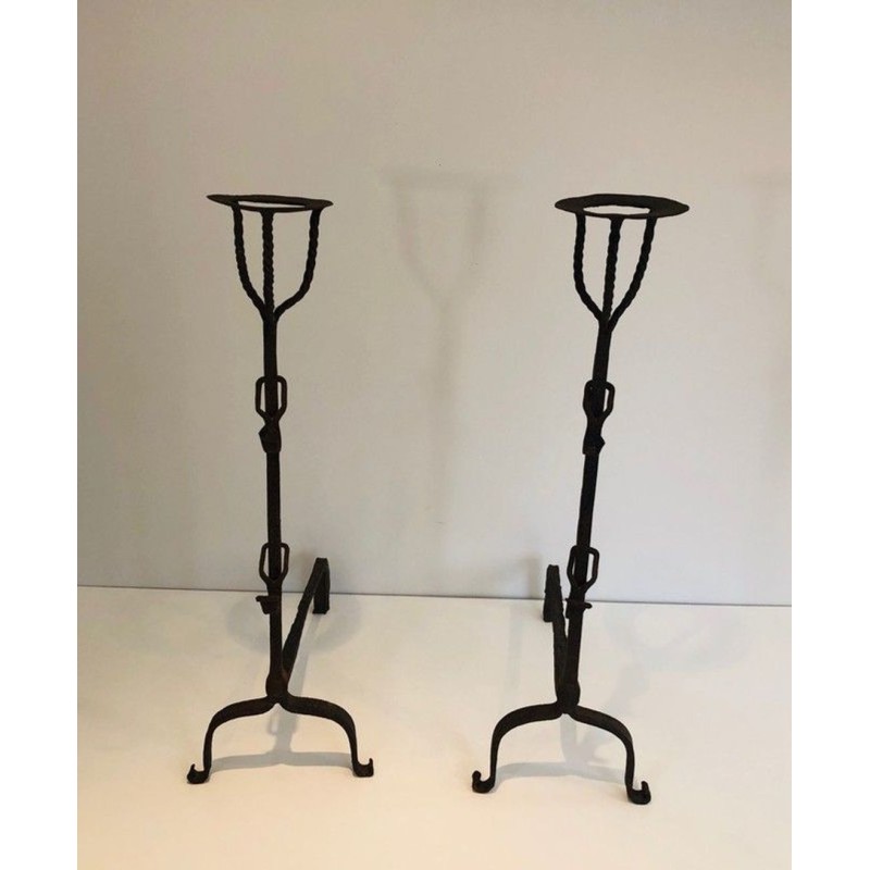 Pair of Tall Wrought Iron Landiers with Cup Finials. France. 17th Century.