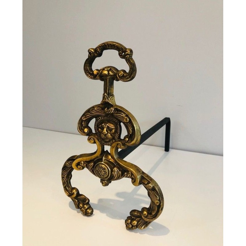 Paire de Chenets Néoclassiques en Bronze et Fer Forgé à Mascarons de Lion. France. Vers 1940.