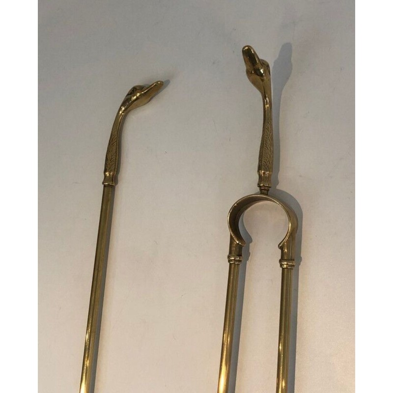 Brass Fireplace Companion Set with Duck-Head Handles on Stand. In the Style of Maison Jansen. France. Circa 1960.