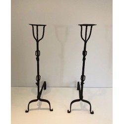 Pair of Tall Wrought Iron Landiers with Cup Finials. France. 17th Century.