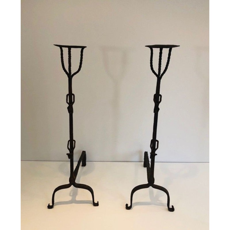 Pair of Tall Wrought Iron Landiers with Cup Finials. France. 17th Century.