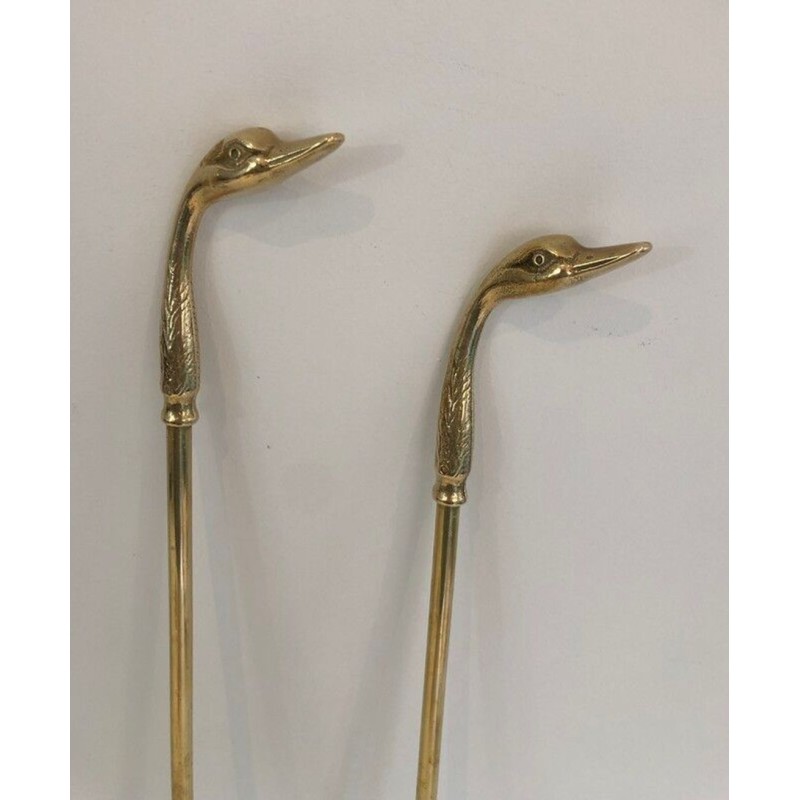 Brass Fireplace Companion Set with Duck-Head Handles on Stand. In the Style of Maison Jansen. France. Circa 1960.
