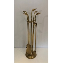 Brass Fireplace Companion Set with Duck-Head Handles on Stand. In the Style of Maison Jansen. France. Circa 1960.