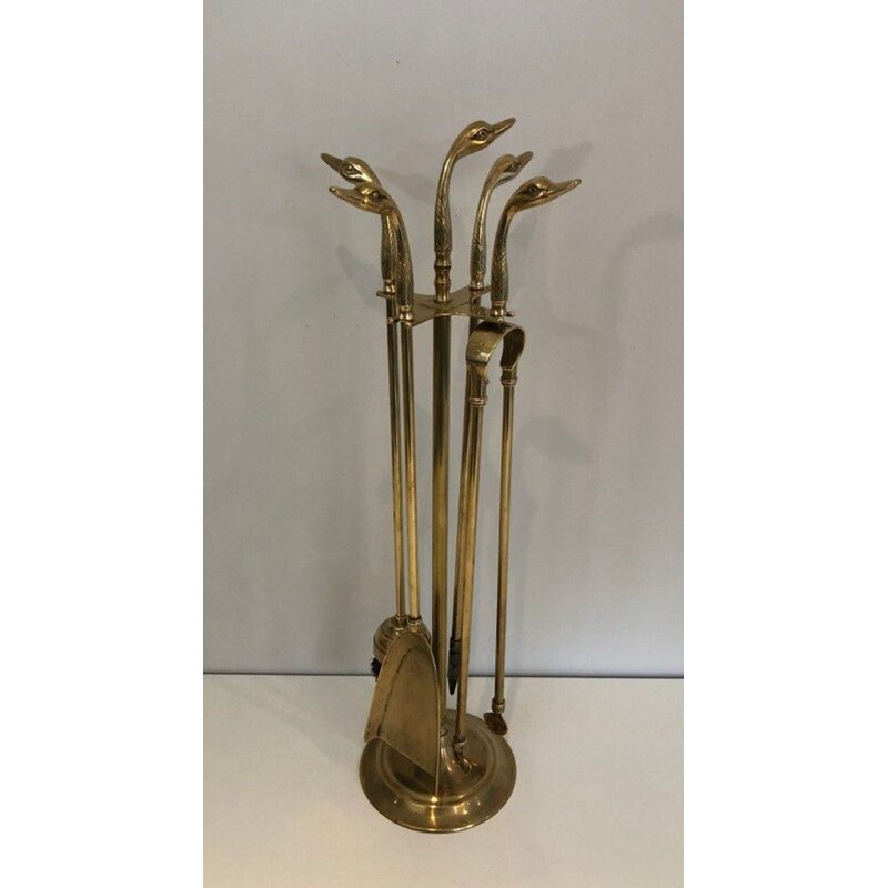 Brass Fireplace Companion Set with Duck-Head Handles on Stand. In the Style of Maison Jansen. France. Circa 1960.