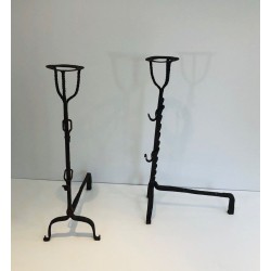 Pair of Tall Wrought Iron Landiers with Cup Finials. France. 17th Century.